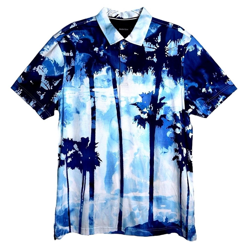 Bugatchi Mens Large Blue Short Sleeve Polo Silhouette Sunset Shirt NWT
